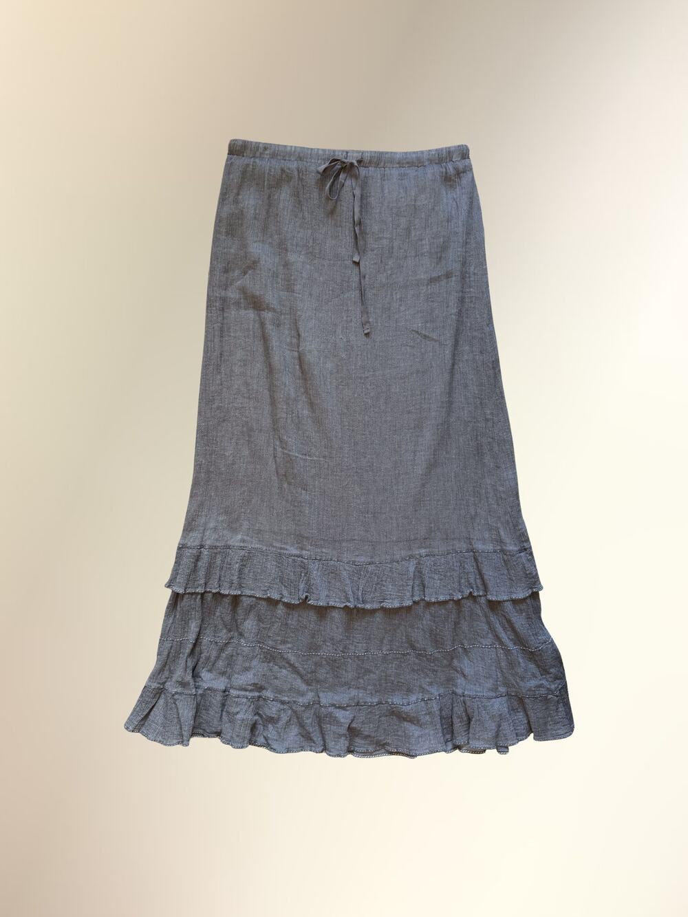 Max Edition Gray Blue Chambray Tiered Ruffle Drawstring Cotton Maxi Skirt Large